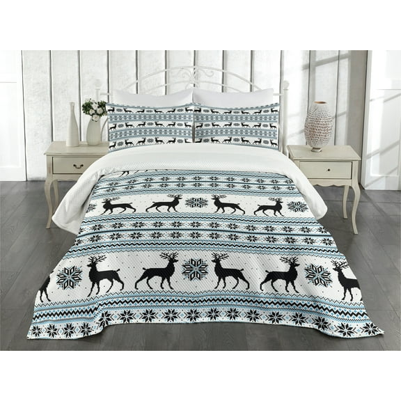 Ambesonne Nordic Quilted Bedspread Set 3 Pcs, Zigzag Reindeer and Snow, Queen Size, Black White Sky Blue