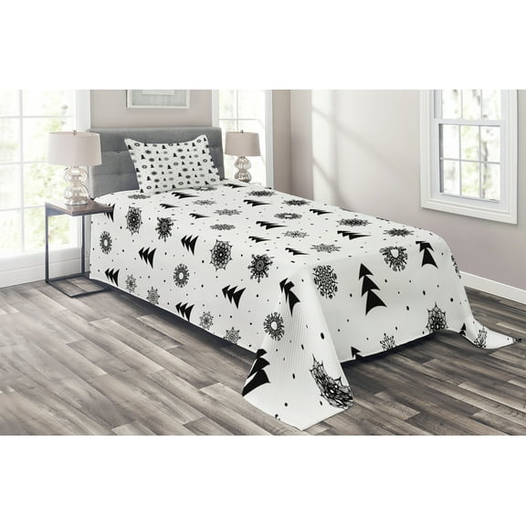 Ambesonne Nordic Quilted Coverlet 2 Pcs, Xmas Pine Trees Holiday, Twin Size, Black White