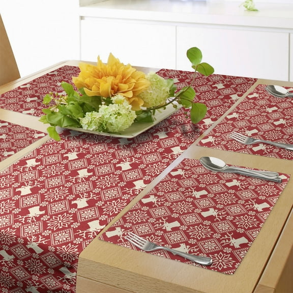 Ambesonne Nordic Table Runner & Placemats, Northern Reindeers Flora, Placemat 4 pcs + Runner 12"x72", Red Beige