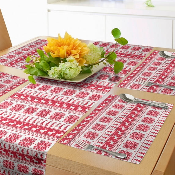 Ambesonne Nordic Table Runner & Placemats, Retro Nature Inspired, Placemat 4 pcs + Runner 12"x90", Hot Pink White