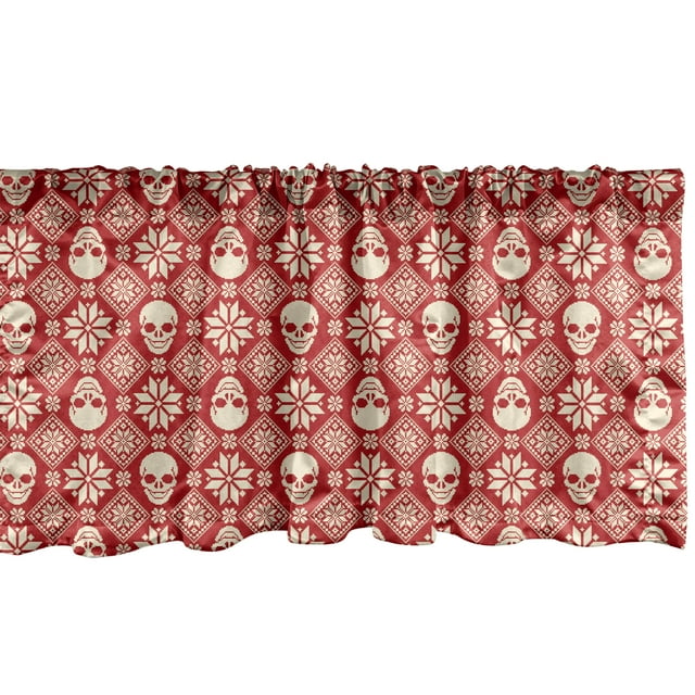 Ambesonne Nordic Window Valance, Needlework Skull Motif, 54" X 18", Red Beige