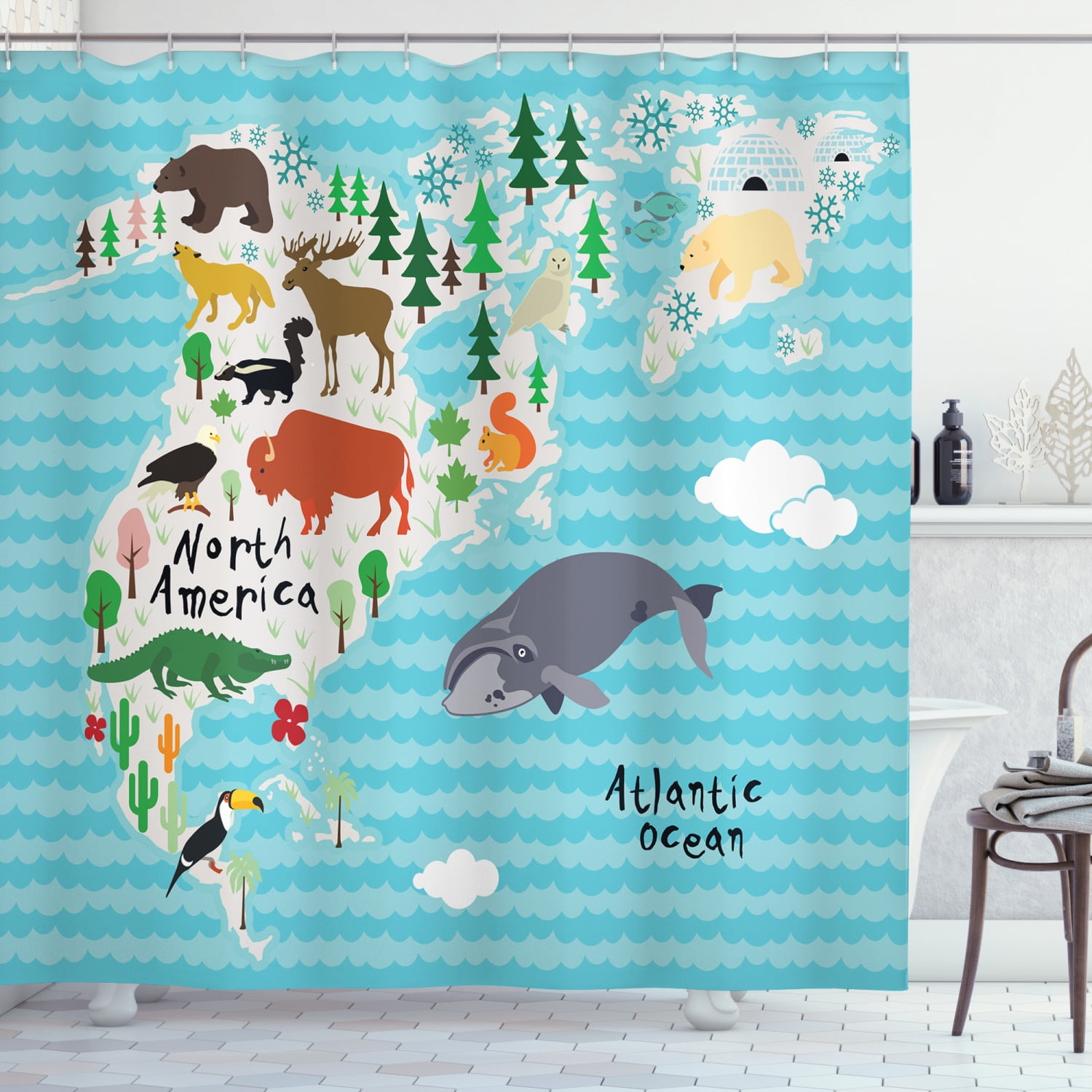 North America Animals Multicolor Fabric Shower Curtain 69" x 70"