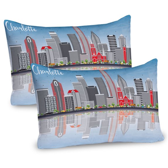 Ambesonne North Carolina Pillow Sham 2 Pack, Charlotte Skyline, 26"x20", Blue Pale Grey Coral