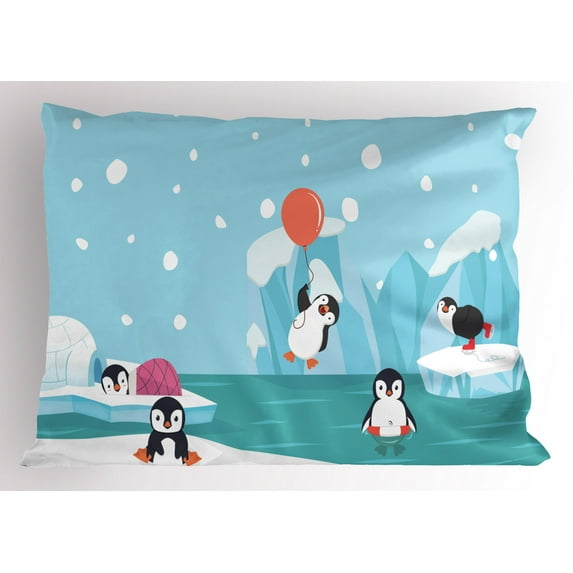 Ambesonne North Pole Pillow Sham, Penguins on Ice, 36" X 20", Pale Sky Blue Multicolor