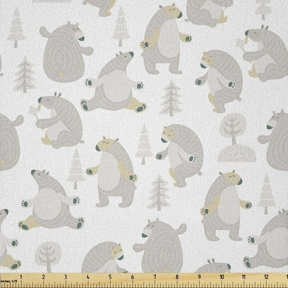 Ambesonne Northwoods Fabric by the Yard Microfiber, Dancing Funny Bears, 3 Yards, Dimgray Tan White