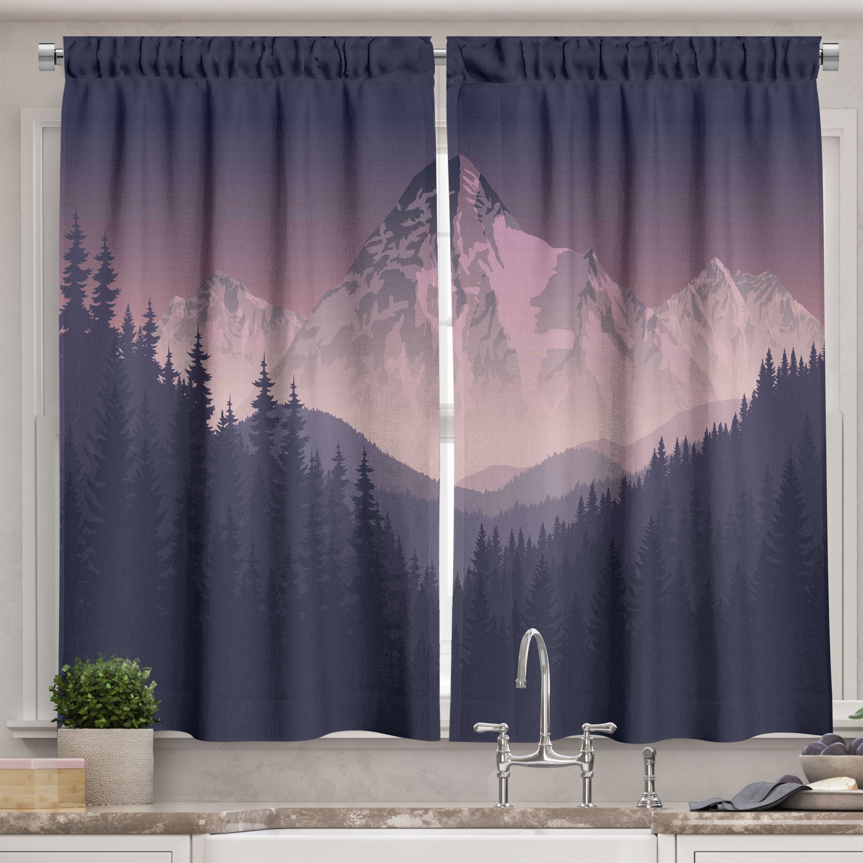 Ambesonne Northwoods Kitchen Curtains, Foggy Mountain Range, 55"x39