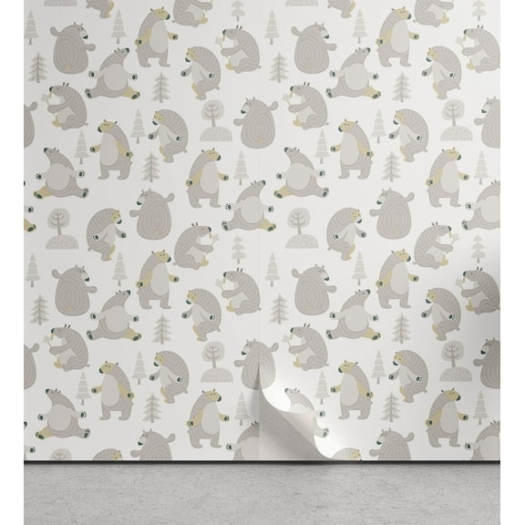 Ambesonne Northwoods Peel & Stick Wallpaper for Home, Dancing Funny Bears, 13"x100", Dimgray Tan White