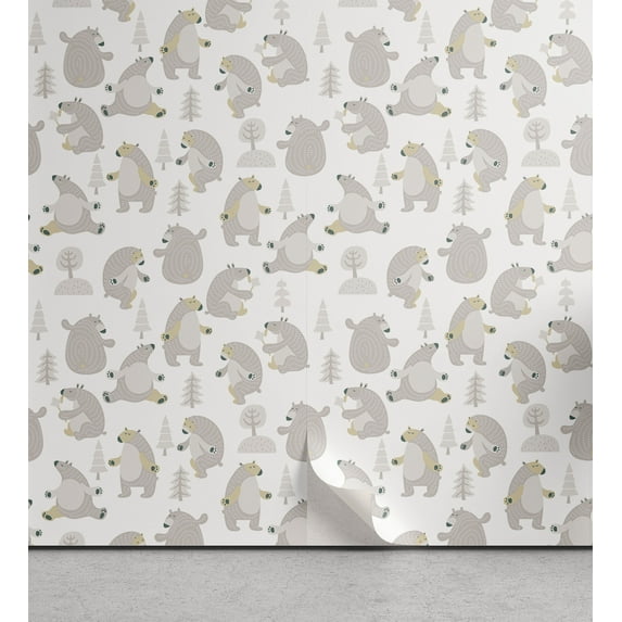 Ambesonne Northwoods Peel & Stick Wallpaper for Home, Dancing Funny Bears, 13"x100", Dimgray Tan White