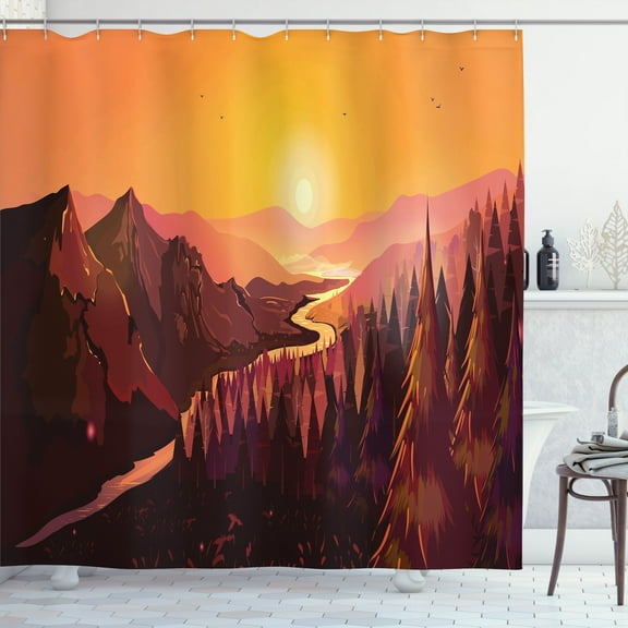 Ambesonne Northwoods Shower Curtain, Forest Idyllic Morning, 69"Wx75"L, Burgundy Burnt Sienna