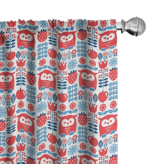 Ambesonne Norwegian 4-Panel Curtains, Floral Art with Owl Motif, 56"x84", Sea Blue Dark Coral