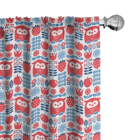 Ambesonne Norwegian Window Curtains, Floral Art with Owl Motif, Each 28" W x 95" L, Sea Blue Dark Coral