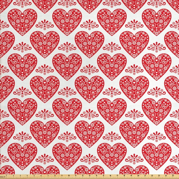 Ambesonne Norwegian Fabric by the Yard Upholstery, Hearts with Ornaments, 5 Yards, Vermilion and White