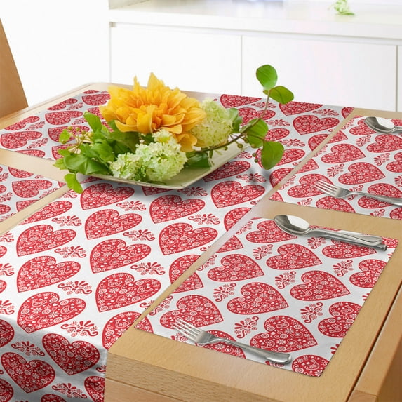 Ambesonne Norwegian Table Runner & Placemats, Hearts with Ornaments, Placemat 4 pcs + Runner 12"x72", Vermilion and White