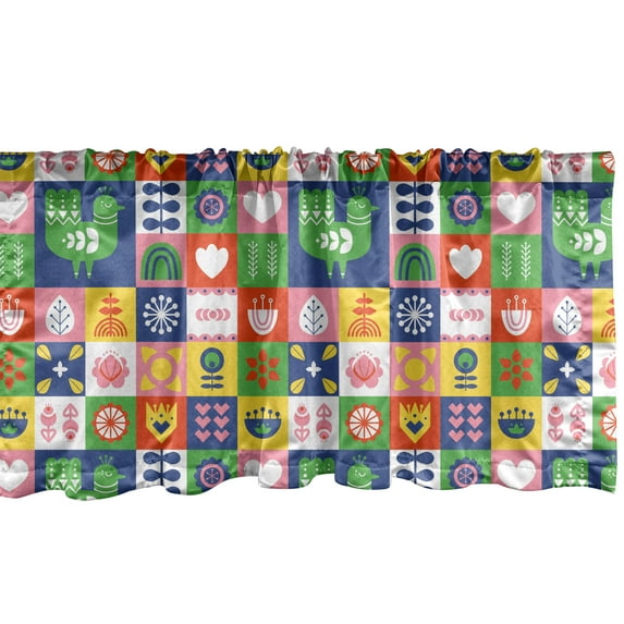 Ambesonne Norwegian Window Valance, Birds and Flowers Repetitive Prints Separated into Squares Colorful Design, Curtain Valance for Kitchen Bedroom Decor with Rod Pocket, 54" X 12", Multicolor