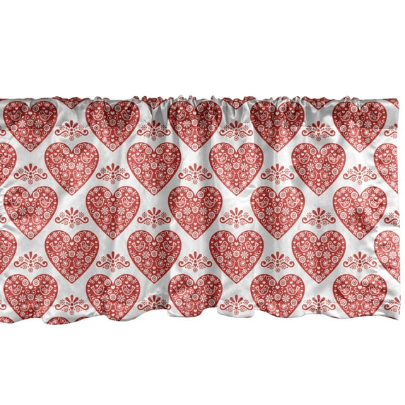 Ambesonne Norwegian Window Valance, Hearts with Ornaments, 42" x 18", Vermilion and White