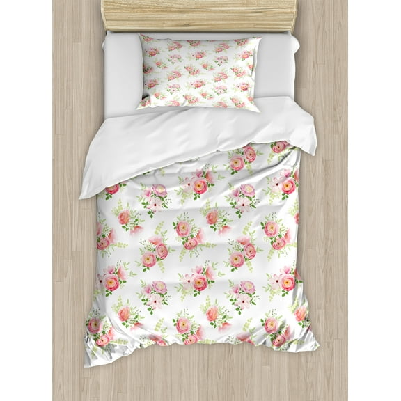 Ambesonne Nostalgic Duvet Cover Set, Magnolia Fresh Buds, Twin, Green Pink Off White