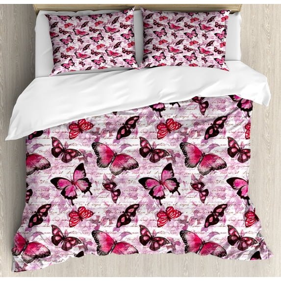 Ambesonne Nostalgic Duvet Cover Set, Paintbrush Butterfly, 2-Calking, Black Lilac Pink