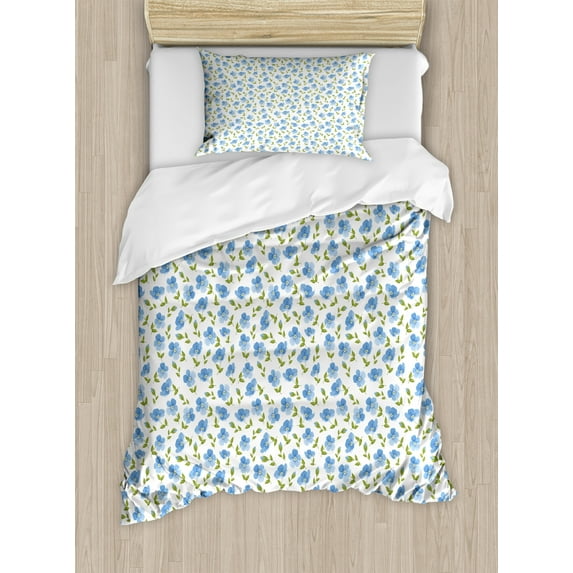 Ambesonne Nostalgic Duvet Cover Sets, Old Vintage Flowers, 2-Twin, Pale Blue White Green