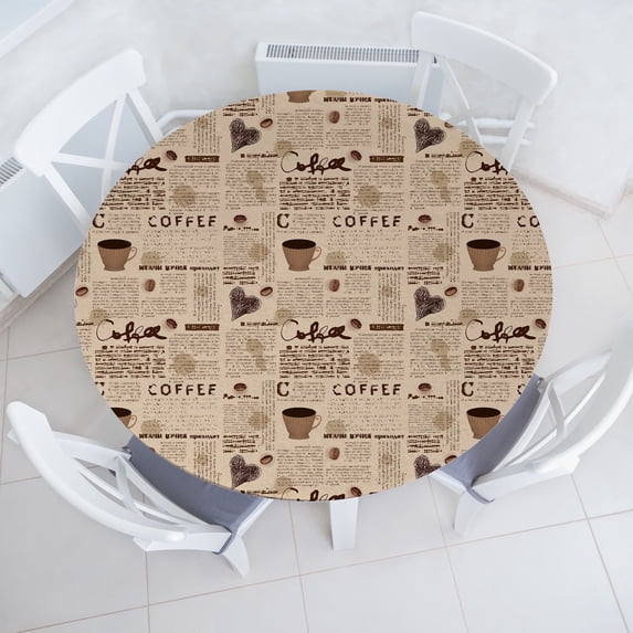 Ambesonne Nostalgic Fitted Round Tablecloth, Coffee Cups Writing, 40"- 44" Diameter, Sand Brown and Umber
