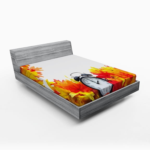 Ambesonne Nostalgic Fitted Sheet, Autumn Leaves Clock, Queen Size, White and Orange