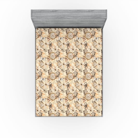 Ambesonne Nostalgic Fitted Sheet, Vintage Watch Butterfly, Queen Size, Pastel Brown and Taupe Grey