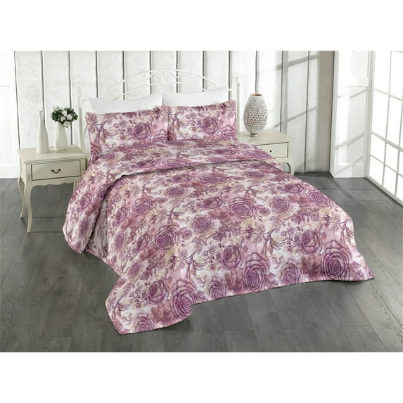Ambesonne Nostalgic Flowers Quilted Bedspread Set 3 Pcs, Vintage Roses, Queen, Purple and Champagne