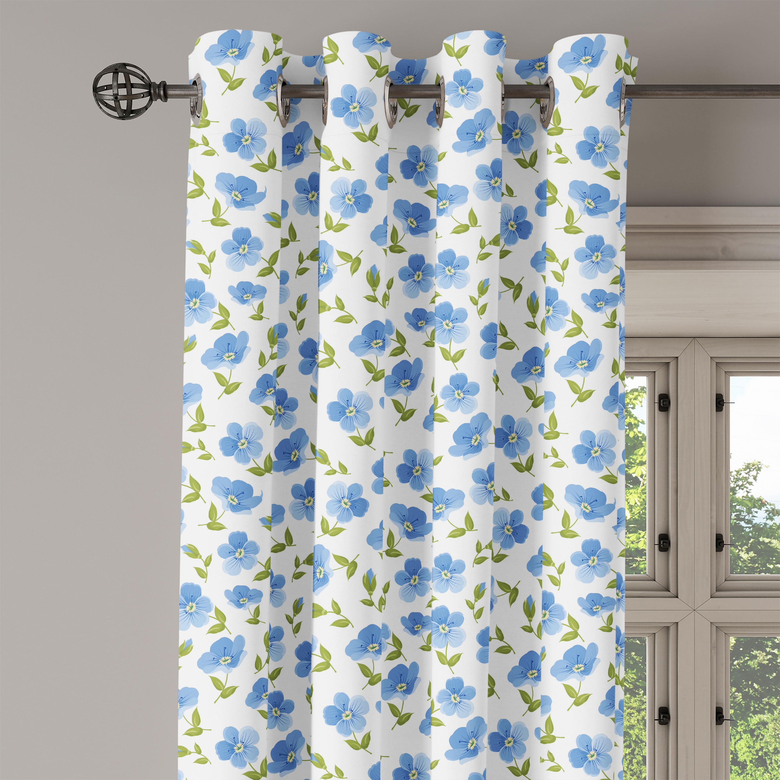 Floral Blue and White Polyester Blackout Curtain Panel