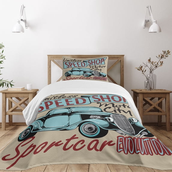 Ambesonne Nostalgic Quilted Bedspread Set 2 Pcs, Classic Vibes Car Print, Twin Size, Brown Teal Red
