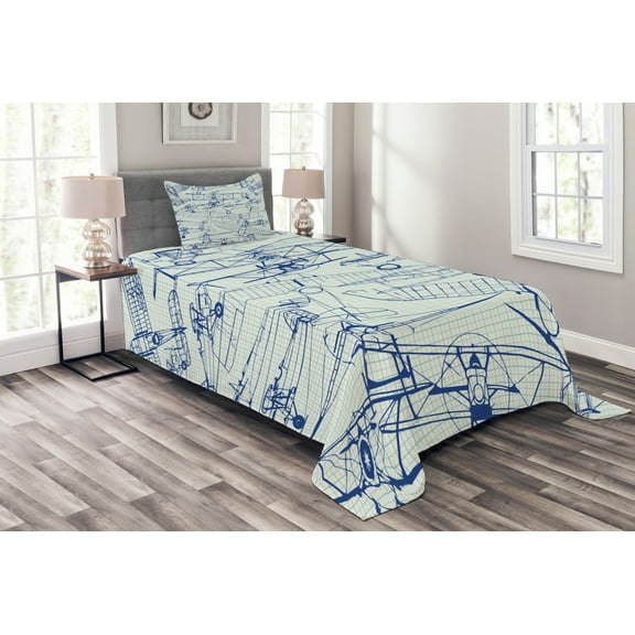 Ambesonne Nostalgic Quilted Bedspread Set 2 Pcs, Old Airplane Drawing, Twin Size, Violet Blue Turquoise