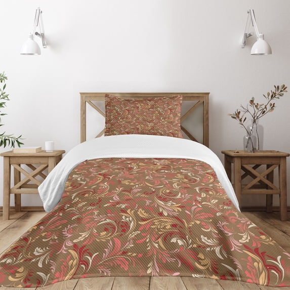 Ambesonne Nostalgic Quilted Bedspread Set 2 Pcs, Victorian Classic Leaves, Twin Size, Multicolor