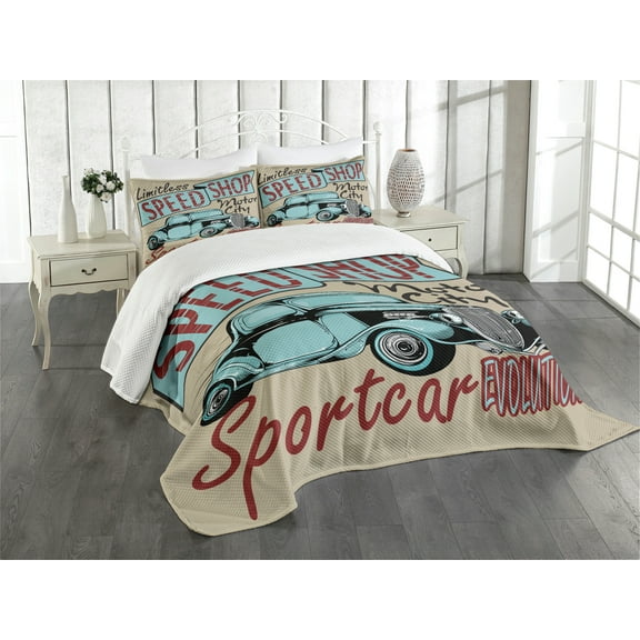 Ambesonne Nostalgic Quilted Bedspread Set 3 Pcs, Classic Vibes Car Print, Queen Size, Brown Teal Red