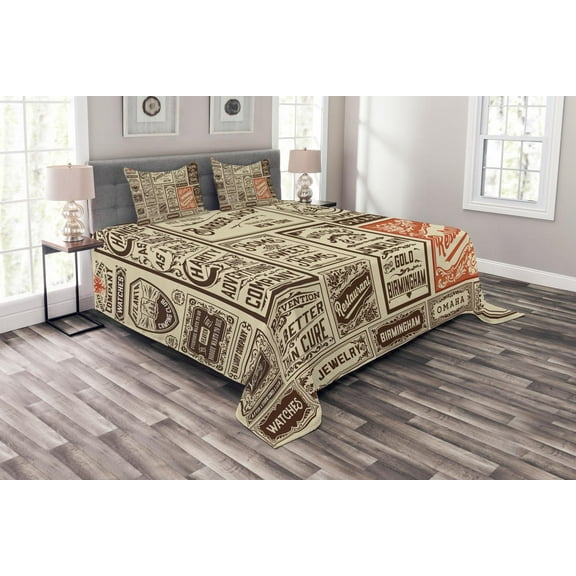 Ambesonne Nostalgic Quilted Bedspread Set 3 Pcs, Pack Old Advertising, King Size, Cream Brown Orange
