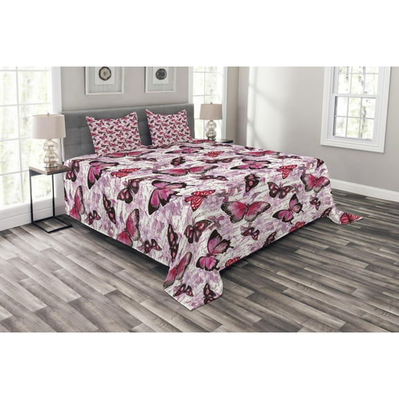 Ambesonne Nostalgic Quilted Bedspread Set 3 Pcs, Paintbrush Butterfly, Queen Size, Black Lilac Pink