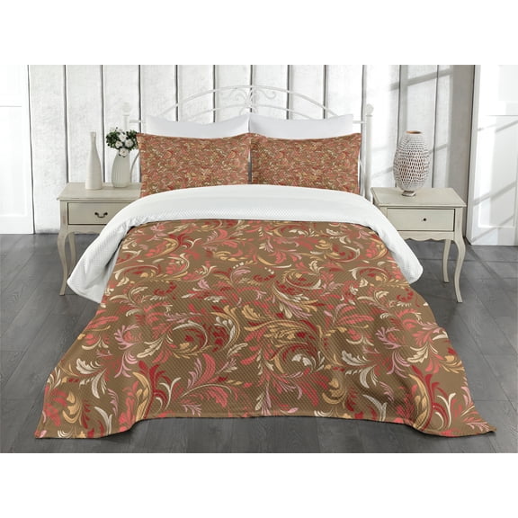 Ambesonne Nostalgic Quilted Bedspread Set 3 Pcs, Victorian Classic Leaves, Queen Size, Multicolor