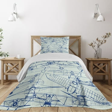 Ambesonne Nostalgic Quilted Coverlet 2 Pcs, Old Airplane Drawing, Twin Size, Violet Blue Turquoise