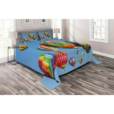 Ambesonne Nostalgic Quilted Coverlet 3 Pcs, Journey Fun Sky, Queen Size, Blue