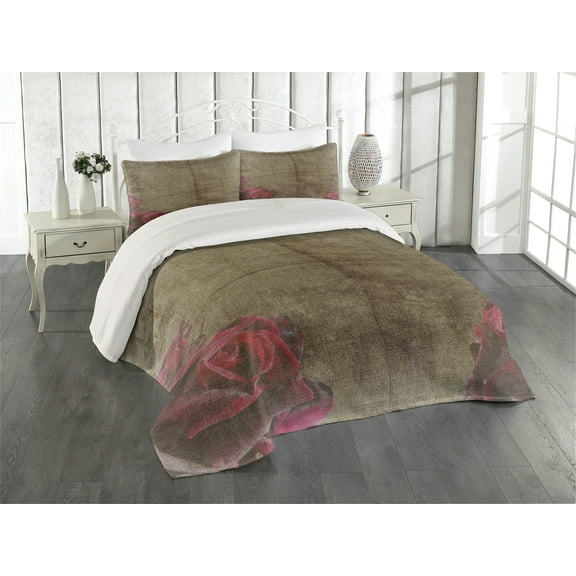Ambesonne Nostalgic Quilted Coverlet 3 Pcs, Vintage Roses Frame, Queen Size, Red Brown