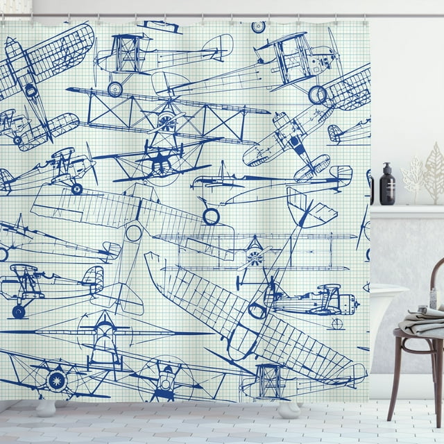 Ambesonne Nostalgic Shower Curtain, Old Airplane Drawing, 69"Wx84"L, Violet Blue Turquoise