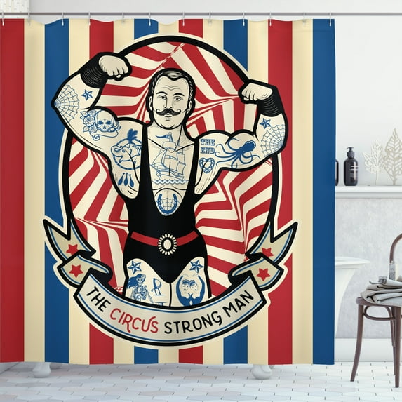 Ambesonne Nostalgic Shower Curtain, Vintage Circus Star, 69"Wx84"L, Beige Red Blue