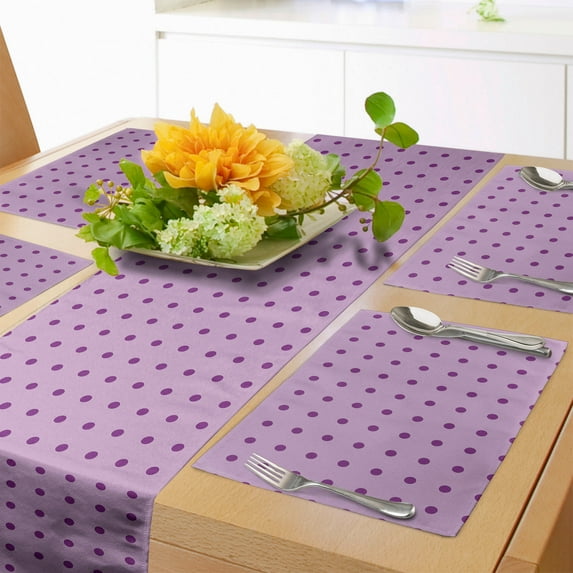 Ambesonne Nostalgic Table Runner & Placemats, Fashion Polka Dots, Placemat 4 pcs + Runner 12"x72", Plum Lilac