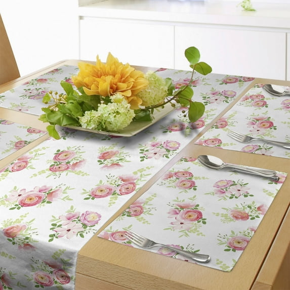 Ambesonne Nostalgic Table Runner & Placemats, Magnolia Fresh Buds, Placemat 4 pcs + Runner 14"x72", Green Pink Off White