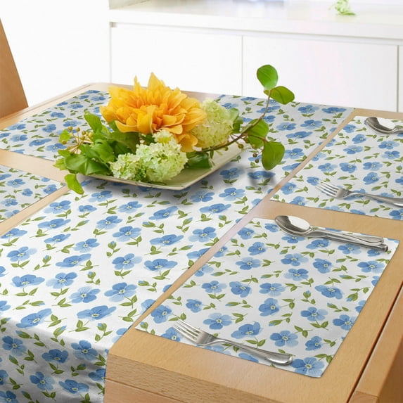 Ambesonne Nostalgic Table Runner & Placemats, Old Vintage Flowers, Placemat 4 pcs + Runner 14"x90", Pale Blue White Green