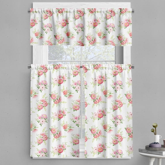 Ambesonne Nostalgic Valance & Curtain, Magnolia Fresh Buds, 55"x36", Green Pink Off White