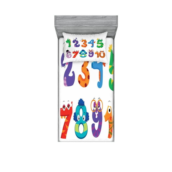 Ambesonne Number Fitted Sheet & Pillow Sham Set, Math Funny Characters, Twin, Multicolor