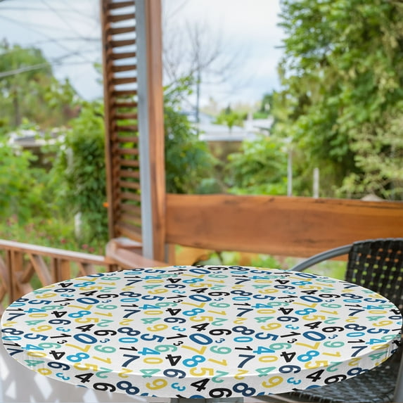 Ambesonne Numbers Pattern Fitted Round Tablecloth, Math Themed Design, 56"- 60" Diameter, Blue Yellow and White