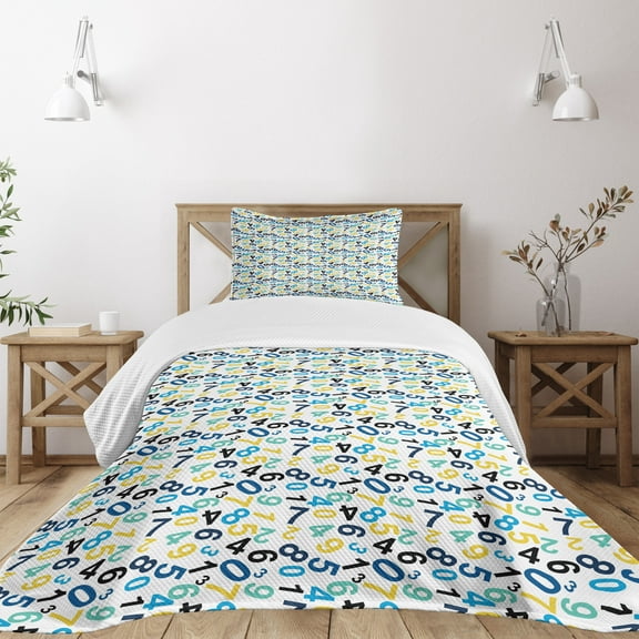Ambesonne Numbers Pattern Quilted Bedspread Set 2 Pcs, Math Themed Design, Twin Size, Blue Yellow and White