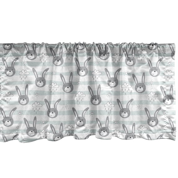 Ambesonne Nursery Window Valance, Bunnies with Lopsided Ears and Happy Clouds Pouring down Raindrops, Curtain Valance for Kitchen Bedroom Decor with Rod Pocket, 54" X 18", Grey Pale Grey and White
