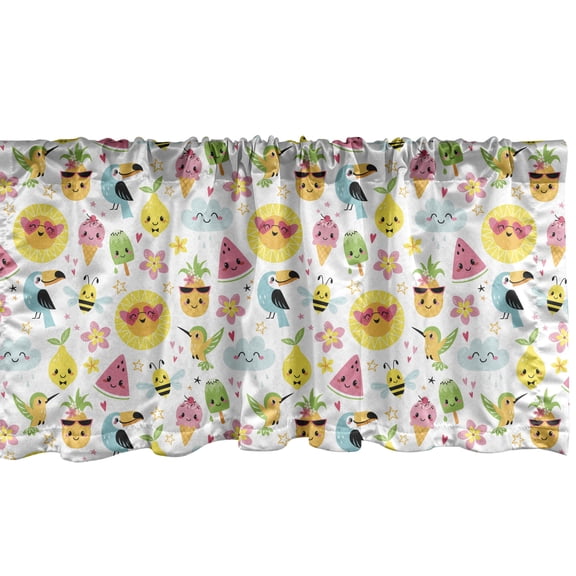 Ambesonne Nursery Window Valance, Image with Summer Related Smiling Characters Depicted in Cartoon Style, Curtain Valance for Kitchen Bedroom Decor with Rod Pocket, 54" X 12", White and Multicolor