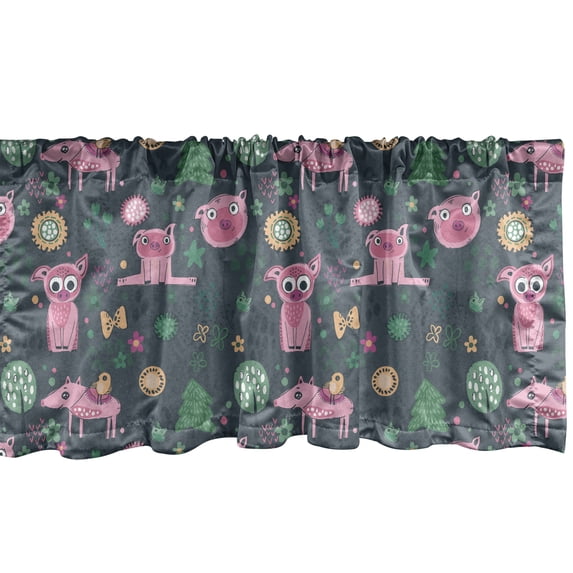 Ambesonne Nursery Window Valance, Repetitive Happy Pattern of Piglets Flowers Birds and Trees, Curtain Valance for Kitchen Bedroom Decor with Rod Pocket, 54" X 18", Multicolor