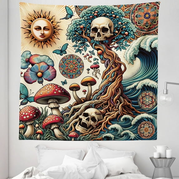 Ambesonne Occult Art Tapestry Queen Size, Mystic Forest Arcane, 88"x88", Persian Orange and Dark Teal